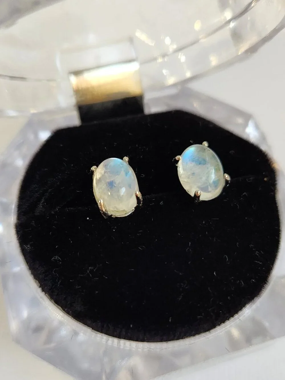 VTG NIB 925 Natural Clear Blue Fire Rainbow Moonstone Stud Earrings My Last One - Picture 9 of 14